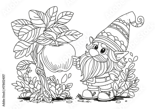 A cute gnome points at an apple tree with a large apple. Coloring page for kids and adults. Black and white illustration for coloring.