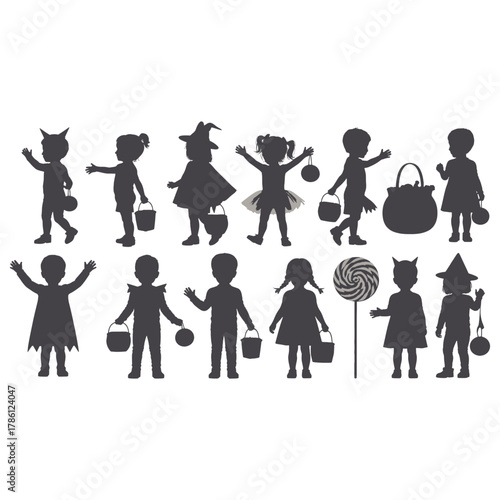 Silhouettes of children in Halloween costumes holding candy buckets and a lollipop kids