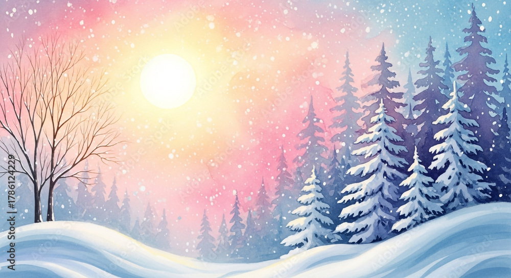 Fototapeta premium Winter landscape with snow covered trees and hills in watercolor style