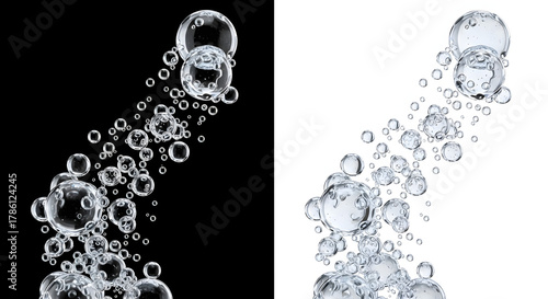 Dynamic effervescent clear bubbles rising, fluid motion concept
