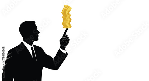 Silhouette of a businessman in a suit balancing a tall stack of gold coins on his index finger with a white background
