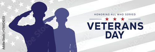 Veterans Day banner with a soldier silhouette saluting, flanked by American flags, set against a background of stars and stripes. Honors veterans and service members who served the USA.