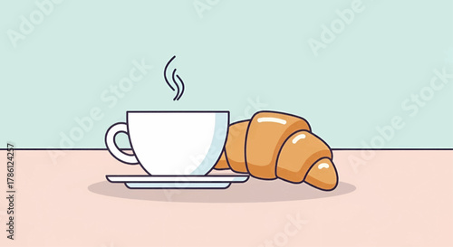 Minimal flat vector of coffee cup and croissant on pastel table background