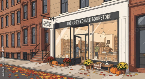 Modern vector of a street bookstore with autumn leaves and cozy atmosphere