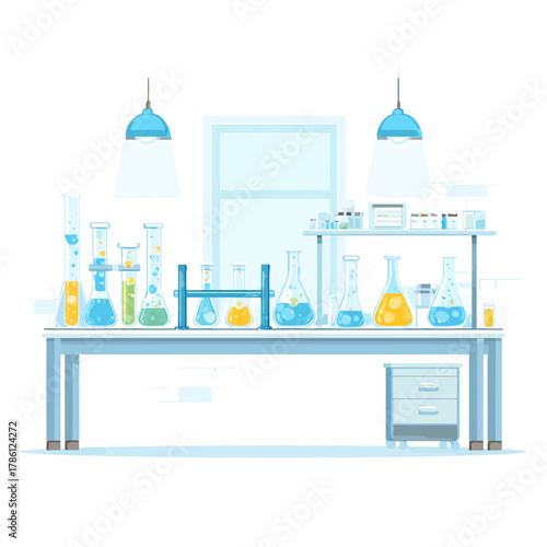 A flat illustration of a science lab with research equipment