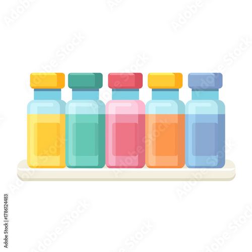 Colorful Vaccine Vials Arranged on a Shelf for Medical Use