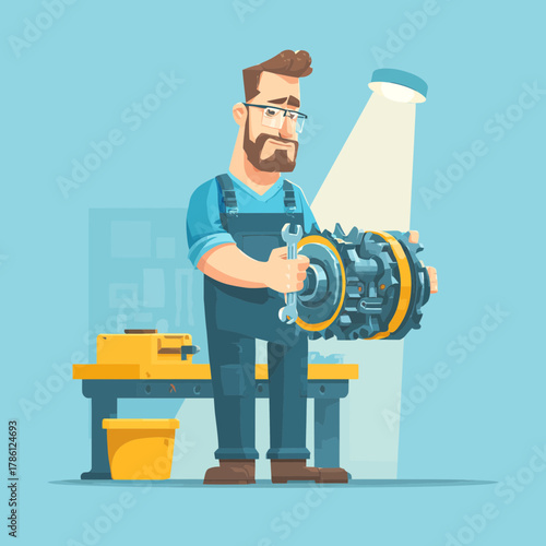 Mechanic with Wrench Holding a Gear for Automotive Repair