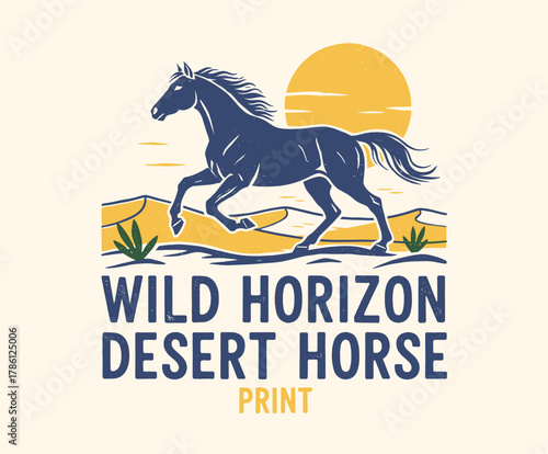 Wild Desert Horse Retro Badge. Running Mustang Vintage Graphic. Horse at Sunset Vector Print. Wild West Apparel Design. Textured Equine Illustration