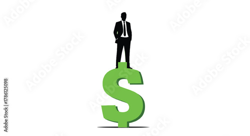 Silhouette of a businessman standing on top of a large green dollar sign symbolizing financial success and wealth