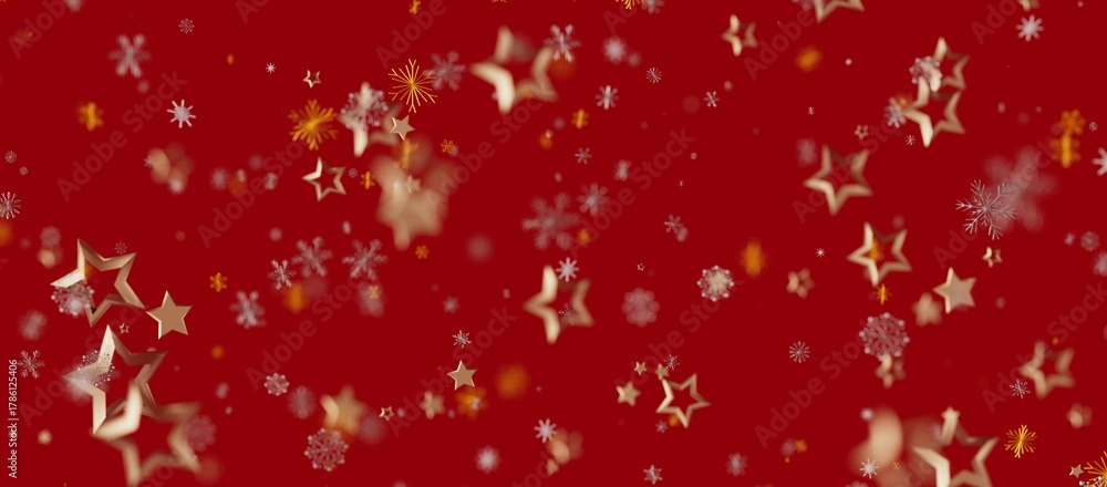 Fototapeta premium Christmas background with golden stars, snowflakes and particles on a red background. Festive holiday design, perfect for greeting ca