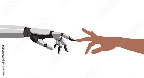 A robotic hand and a human hand reaching out to touch each other symbolizing the future of technology and humanity