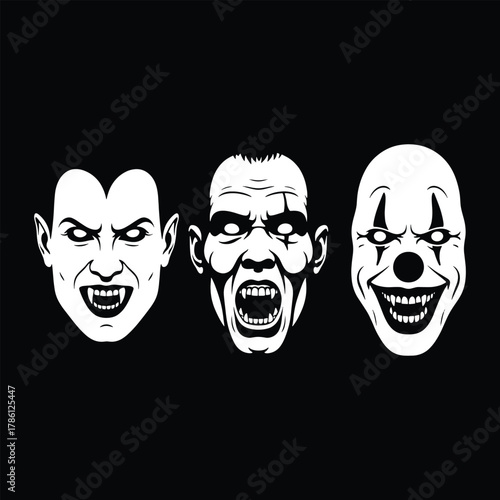 Three white monster faces vampire zombie clown on black background dracula evil