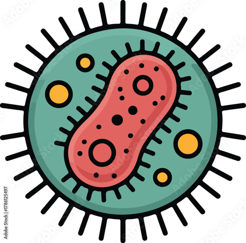 Cartoon Bacteria Cell with Flagella and Pili microbe