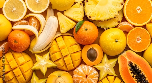 A full frame and overhead composition of yellow and orange tropical fruits like mango, banana, pineapple, star fruit, and citrus.