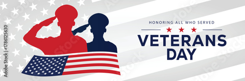 Veterans Day banner with a soldier silhouette saluting, flanked by American flags, set against a background of stars and stripes. Honors veterans and service members who served the USA.