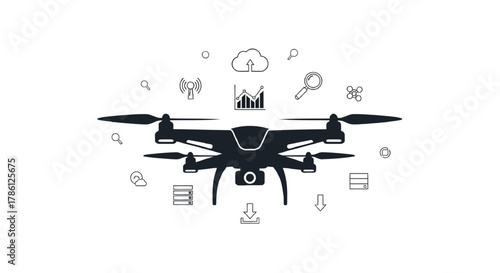 Modern drone silhouette with cloud computing data analytics and search icons representing technology innovation and digital transformation