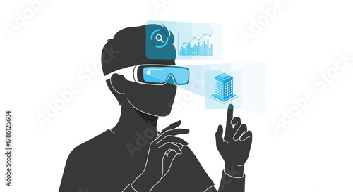 Person wearing virtual reality headset interacting with holographic interface displaying building and data analytics charts