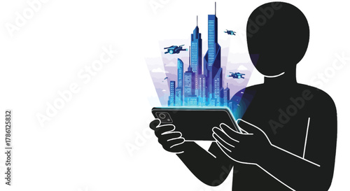 Silhouette of a person holding a smartphone displaying a futuristic city with flying drones and glowing lights