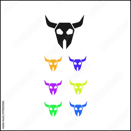 Collection of bull skull icons in various vibrant colors and a large black skull