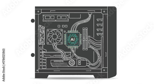 Illustration of a computer tower interior with a central ai chip and internal components like fans and graphics card