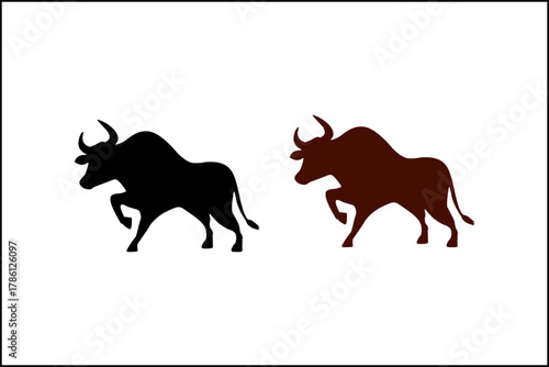 Two powerful bull silhouettes, one black and one brown, charging forward