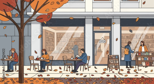 Modern vector of a street bookstore with autumn leaves and cozy atmosphere
