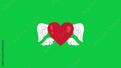 Flying Cute Love Heart with Angel Wings Flapping Floating Hovering Green Screen 2d Animation Seamless Loop
