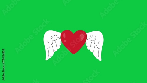 Flying Cute Love Heart with Angel Wings Flapping Floating Hovering Green Screen 2d Animation Seamless Loop