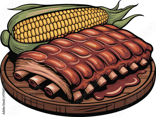 Pork ribs and corn on a wooden platter meat food vector illustration EPS file download.
