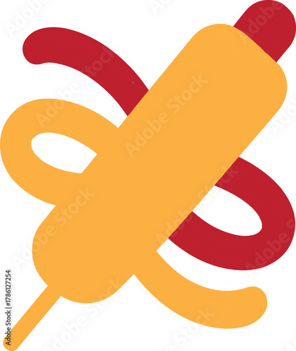 Red sausage on stick with yellow bun and red ribbon food hotdog vector illustration EPS file download.
