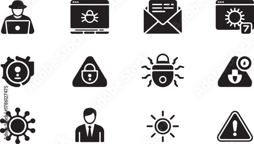 Cybercrime and security icons in black silhouette vector
