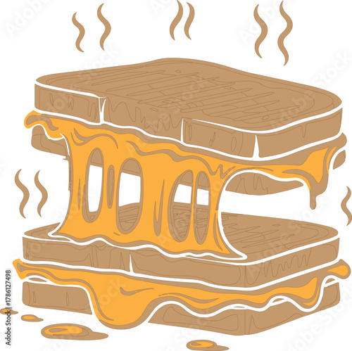 Steaming grilled cheese sandwich with melted orange cheese oozing food vector illustration EPS file download.
