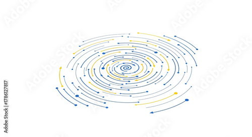 Dynamic Data Flow Vortex. Abstract Blue and Yellow Arrows Concentrically Moving, Representing Technology, Big Data Processing, and Centralized Connectivity.