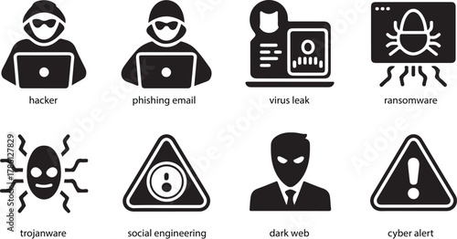 Cybercrime icons hacker phishing virus ransomware trojan social engineering dark web alert