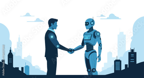 Human and robot shaking hands in agreement against a city skyline symbolizing future technology and collaboration