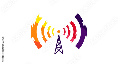 Modern Radio Tower Icon with Vibrant Digital Waves | Wireless Connectivity and Global Telecommunications Signal Vector