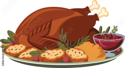 Roasted Turkey Dinner With Cranberry Sauce and Stuffing food meal vector illustration EPS file download.
