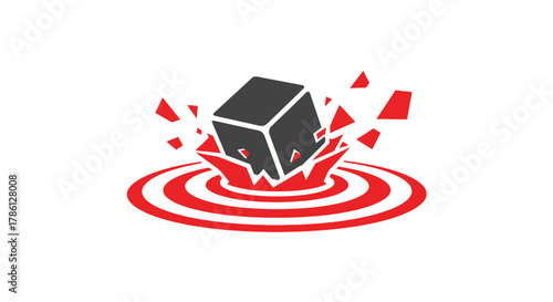Abstract vector icon illustrating high impact, sudden disruption, or critical failure, represented by a black block striking a central target.