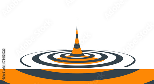 Dynamic 3D Abstract Cone with Ripple Effect in Orange and Gray, Symbolizing Focused Impact, Signal, and Central Strategy