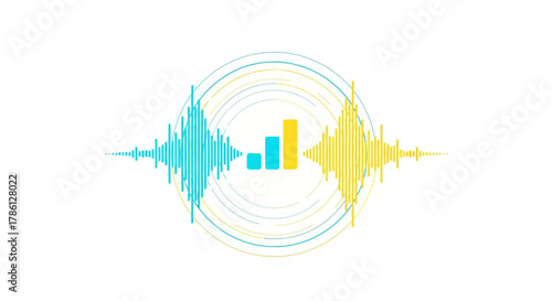 Abstract Audio Signal Equalizer and Data Visualization Bars Icon. Cyan and Yellow Sound Waves Interface.