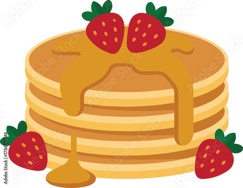 Stack of pancakes with strawberries and syrup food breakfast vector illustration EPS file download.
