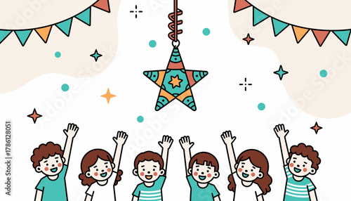 Children joyfully reaching for colorful star piñata at Fiesta during Hogmanay, New Year  