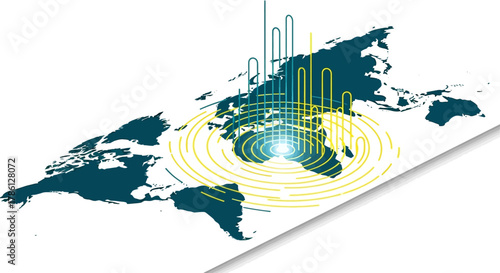 Abstract Global Network and Data Visualization. World Map with Concentric Signal Waves and Digital Bar Graphs representing Emerging Technology and Communication.