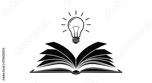 Open book with a glowing light bulb above representing knowledge learning and new ideas