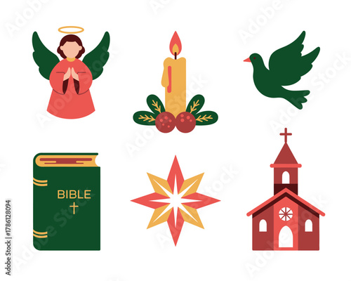 A collection of Christmas and religious symbols are arranged in a grid.