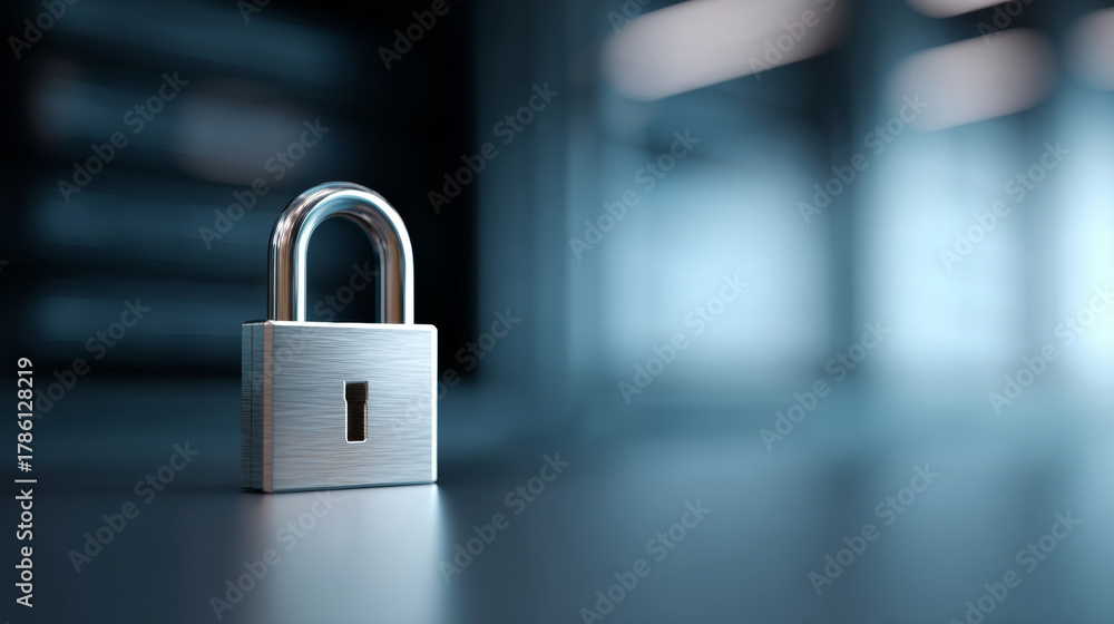 Fototapeta premium A padlock on a table with an open keyhole in front of blurred server racks