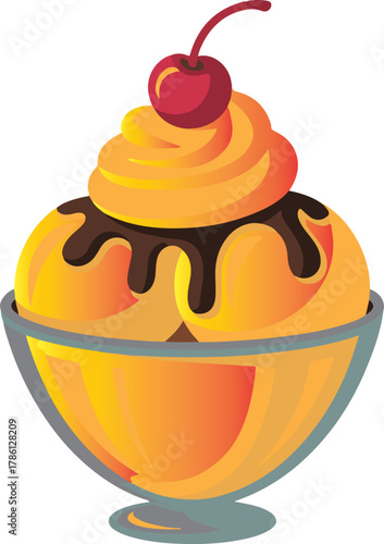 Orange ice cream sundae with chocolate sauce and cherry dessert yellow vector illustration EPS file download.
