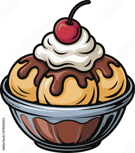 Ice cream sundae with chocolate sauce whipped cream and cherry dessert sweet vector illustration EPS file download.
