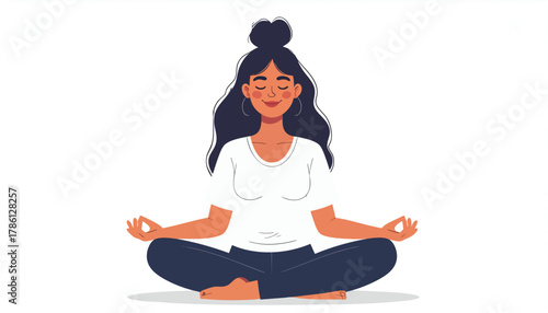 A woman sits cross-legged, eyes closed, meditating peacefully in a relaxed pose.