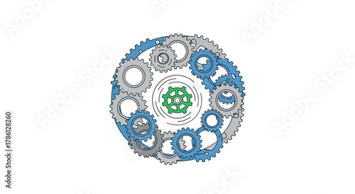 Synchronized Gear System Illustration Representing Complex Business Processes, Teamwork, and Centralized Strategy
